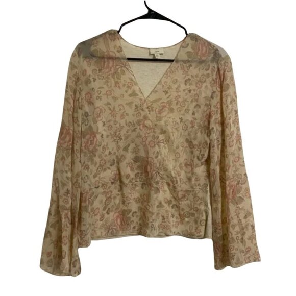 J Jill Women's Med Petite V Neck Floral Sheer Overlay Blouse With Bell Sleeves - Picture 1 of 5